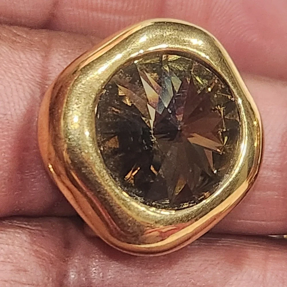 Vintage Georgiou Gold‎ Tone Smoky Brown Crystal Clip On Earrings Chunky Square