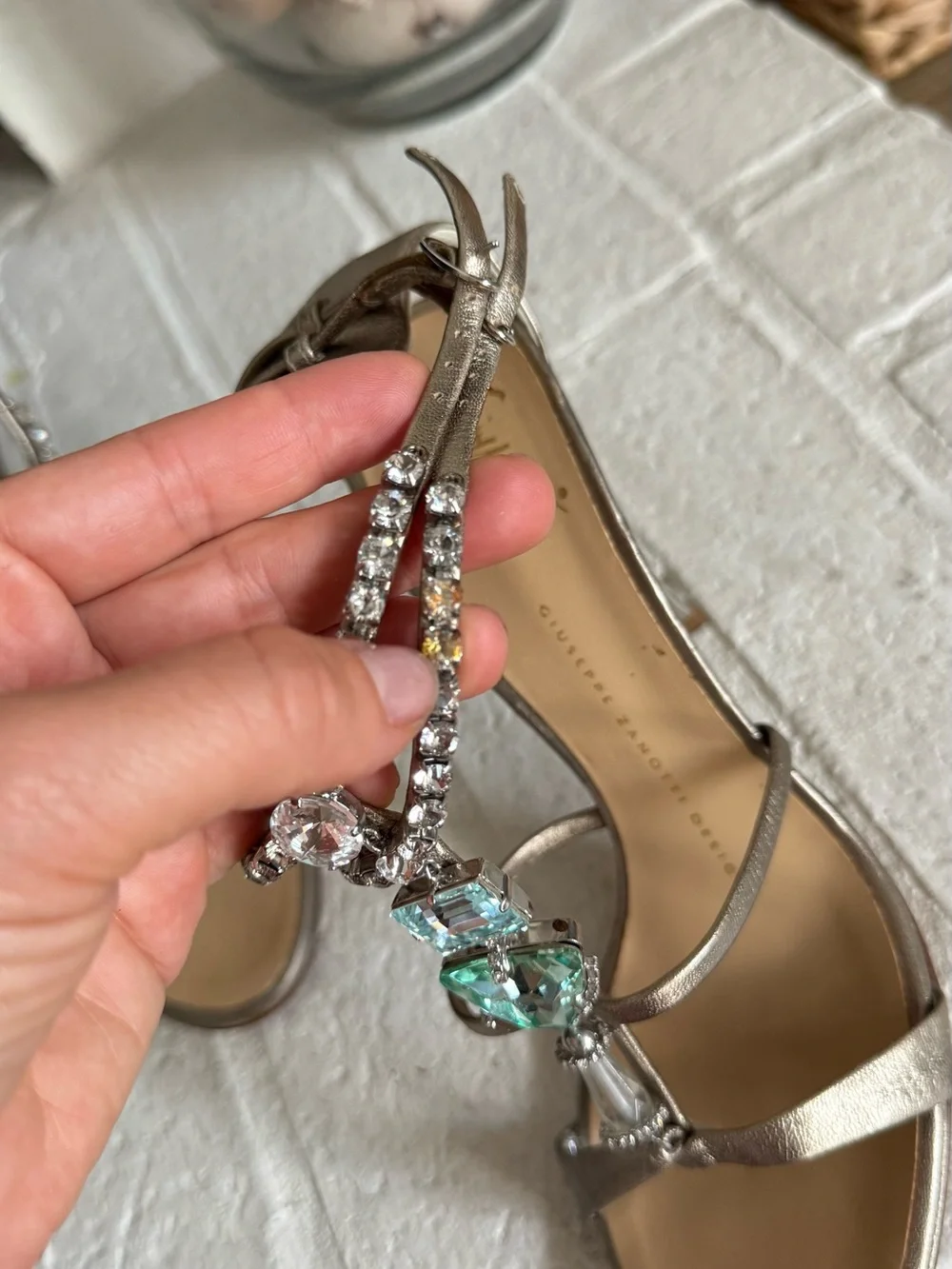 Giuseppe Zanotti Jewel Crystal Sandals Champagne Leather Heels EU 37