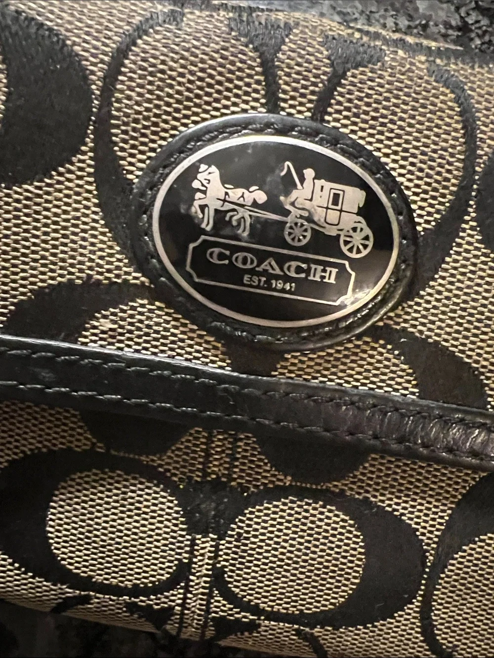 Coach Signature Canvas Trifold Wallet in Black and Beige