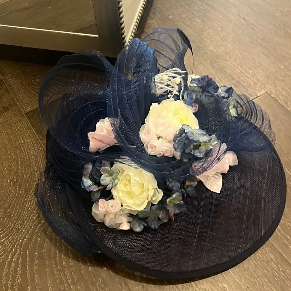 Navy custom floral fancy Derby hat, handmade
