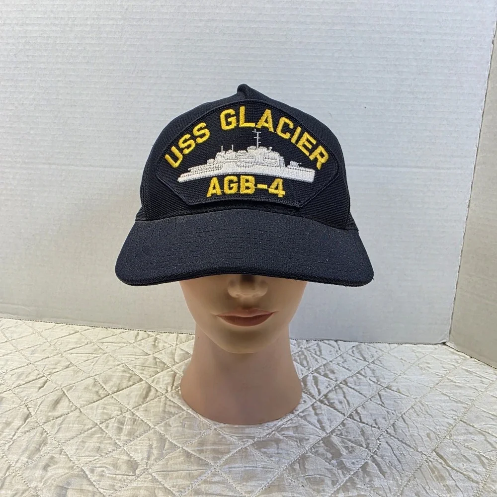 Vintage USS GLACIER AGB-4 Coast Guard Navy Ship Snapback Blue Hat Made In USA