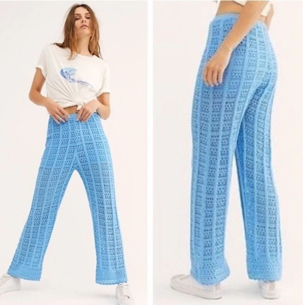 Free People Beach Quinn Crochet Flare Pull On Pants‎ Size S Blue Retro Inspired