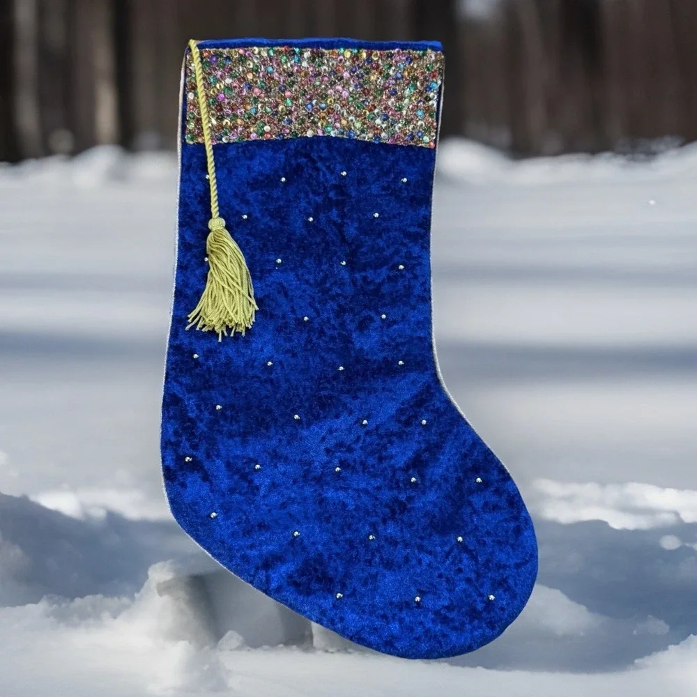 Ethereal Blue Velvet Christmas Stocking with Multicolor Sequins &‎ Gold Tassel