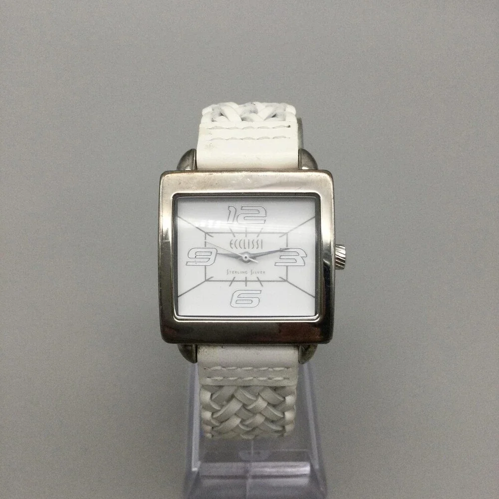 Ecclissi Womens Watch 30mm Sterling Silver White Leather Band 23285 New Battery