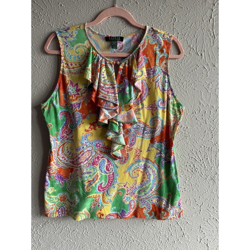 Lauren Ralph Lauren XL Paisley Ruffle Sleeveless Blouse Colorful Cotton Top‎