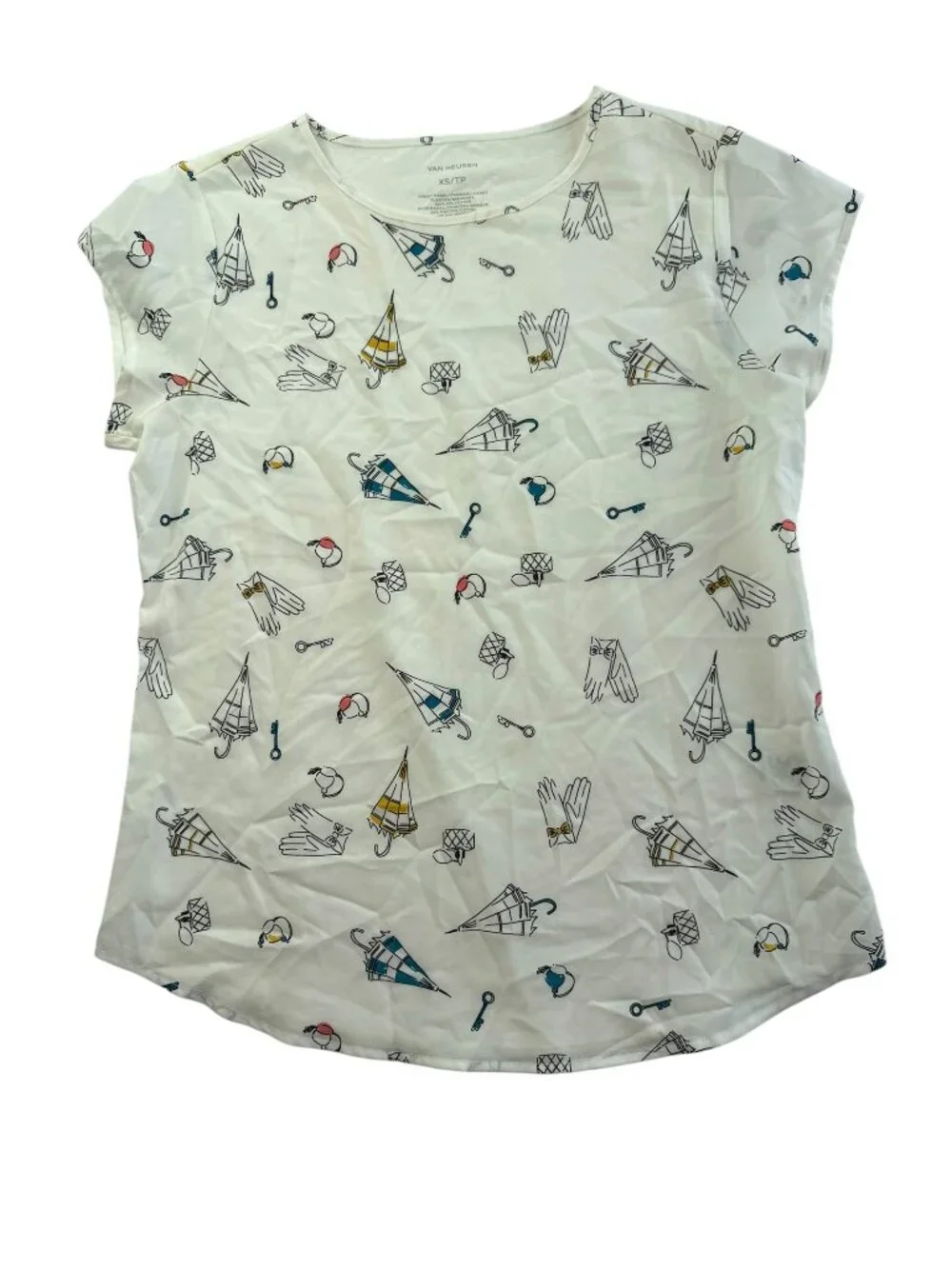 Van Huesen Shirt, Short Sleeve, XS, White, Umbrella / gloves / perfume print