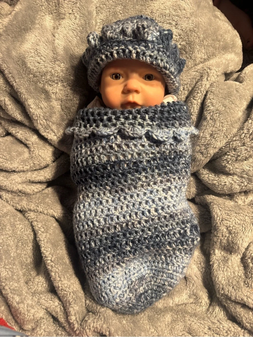 Handmade Crochet Baby Swaddle Sack and Hat Set in Blue Ombre