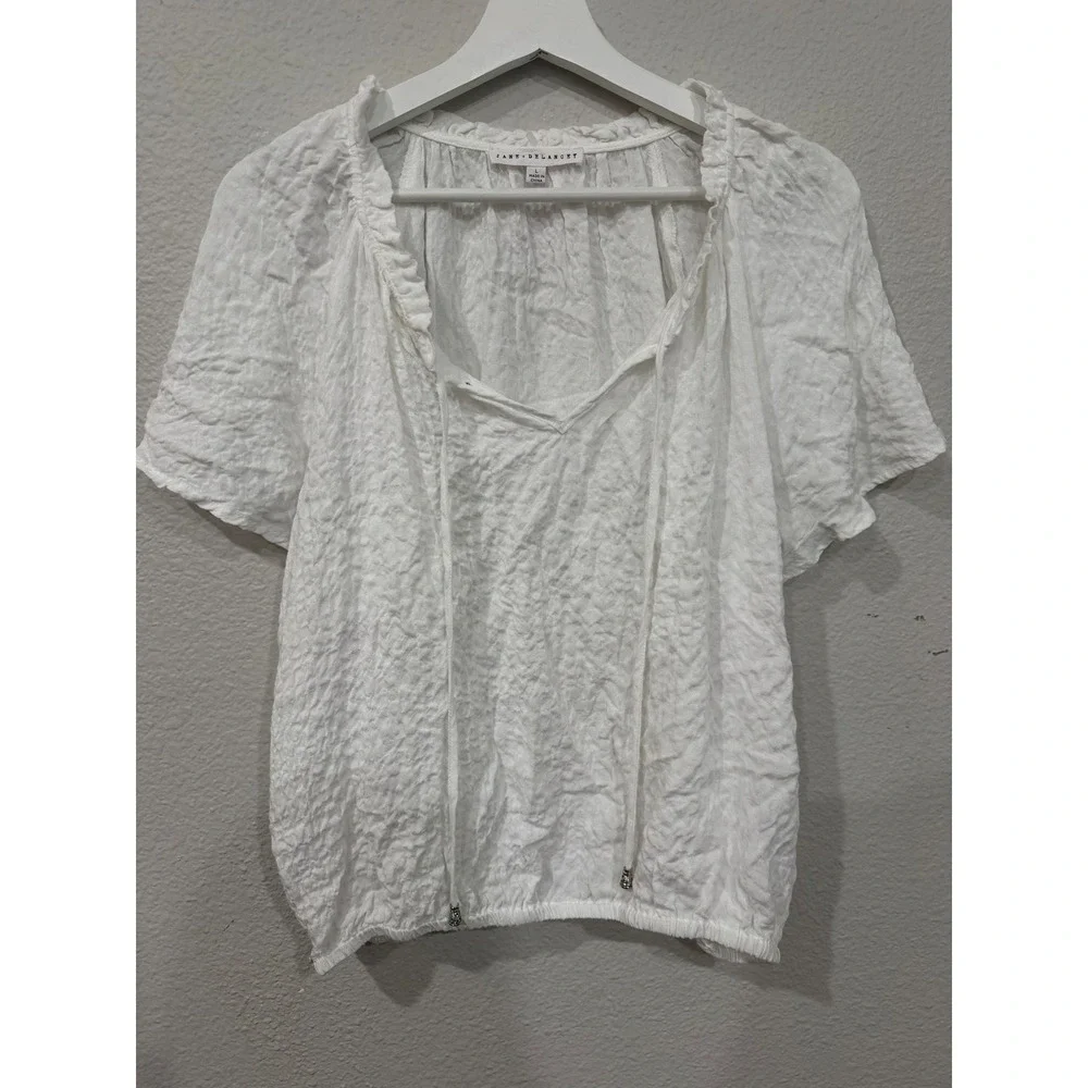 Jane + Delancey White Textured Short Sleeve Blouse‎ Tie Neck Elastic Hem Large