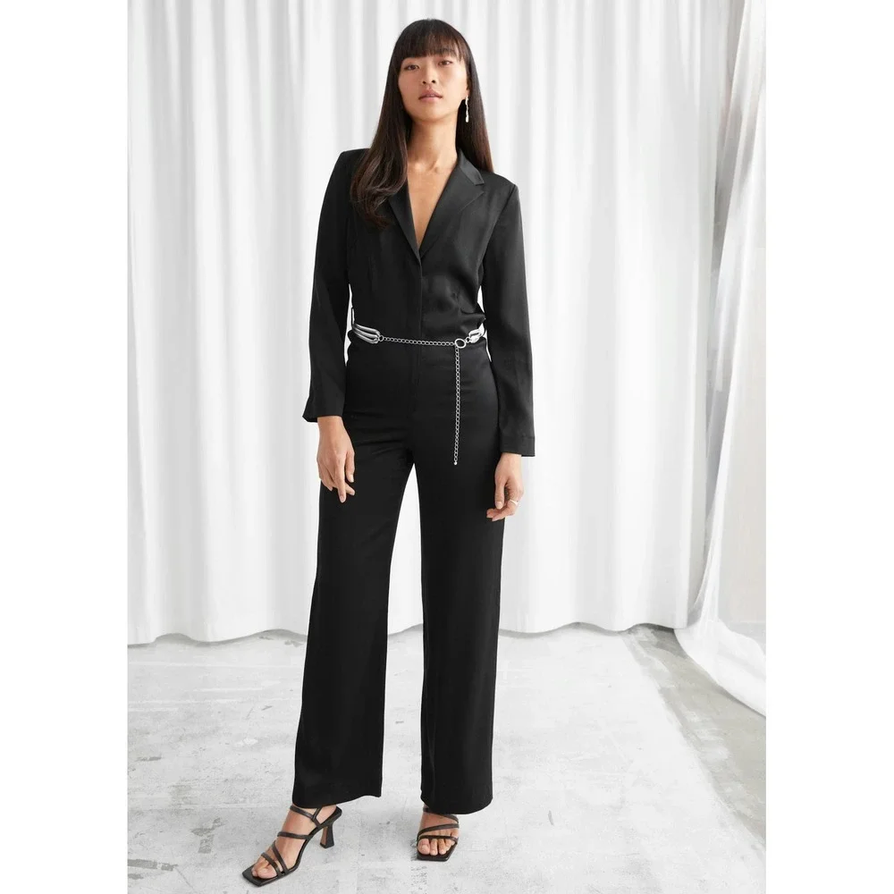 & Other Stories Fluid Padded Shoulder Satin Jumpsuit‎ Sz 6 Black Wide Leg V Neck