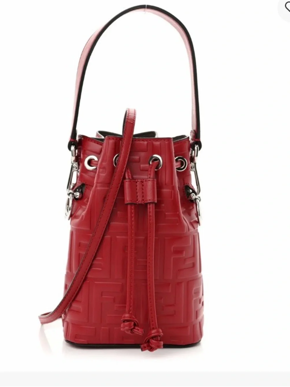 Fendi Mon Tresor mini bucket bag in a vibrant red hue with embossed FF logos