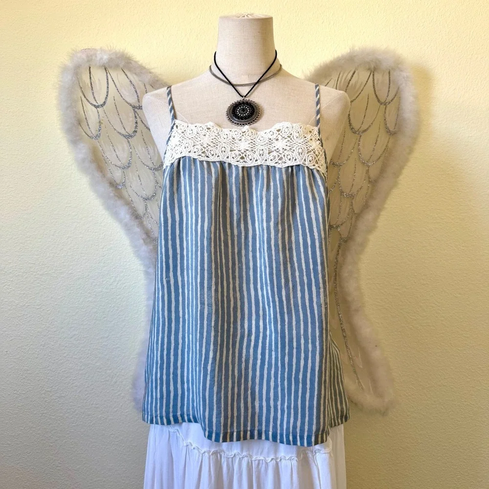 Lucky Brand Silk Camisole Top Blue‎ White Stripe Crochet Lace Coastal Babydoll