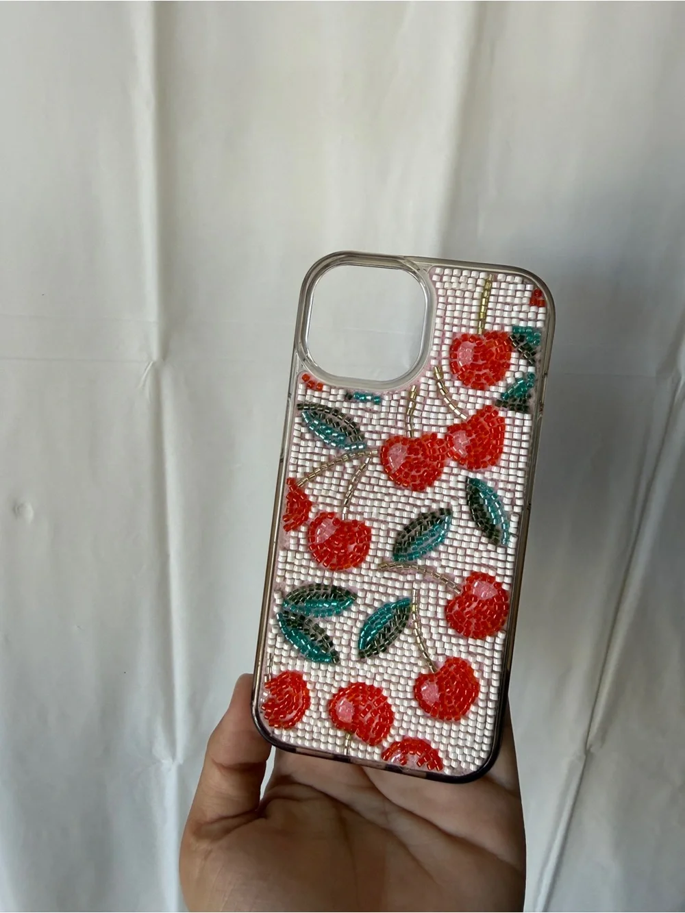 Clear Beaded Cherry Phone Case with Red Cherries and Green Leaves