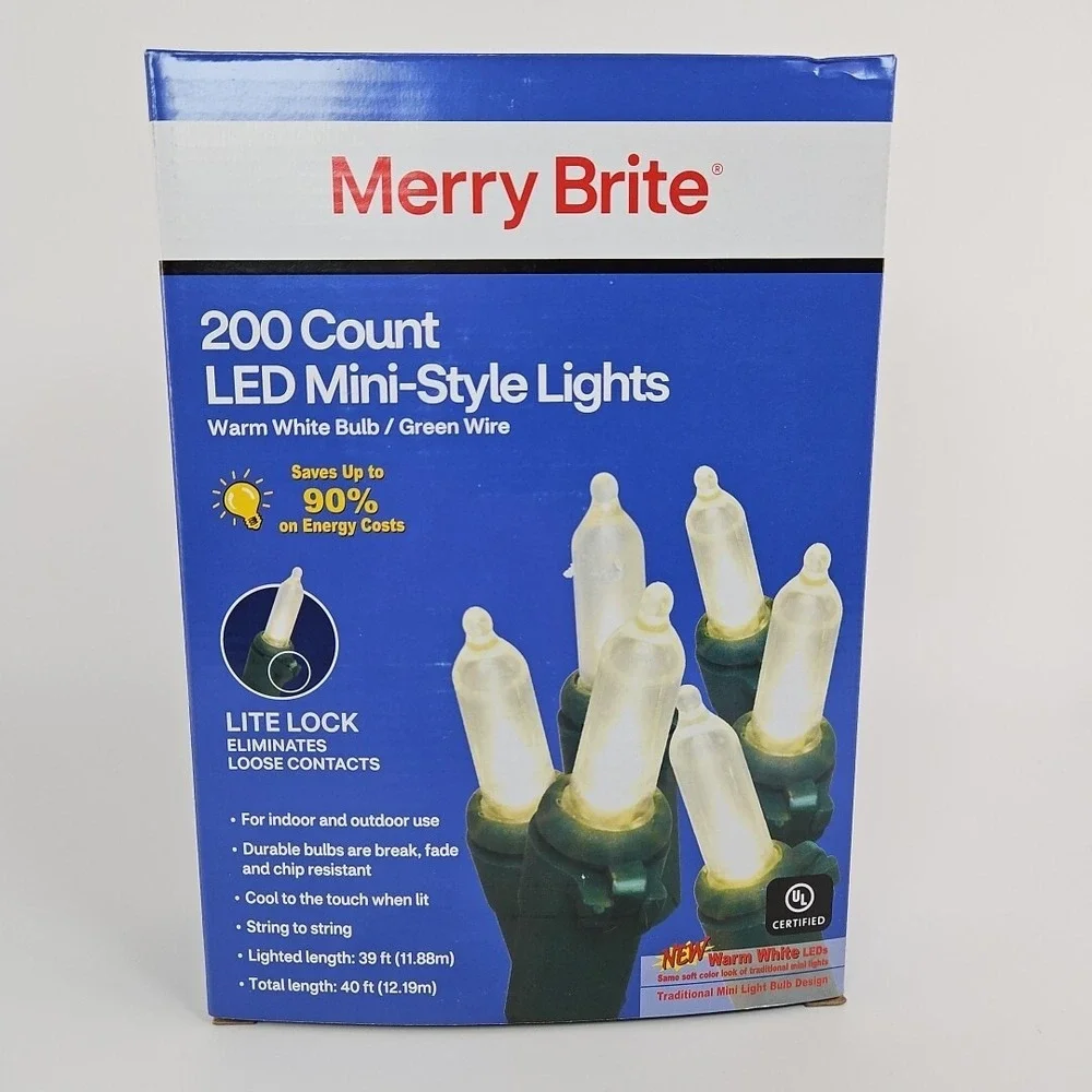 Merry Brite‎ 200 Count LED Mini Warm White Bulb Green Wire Christmas 40ft New