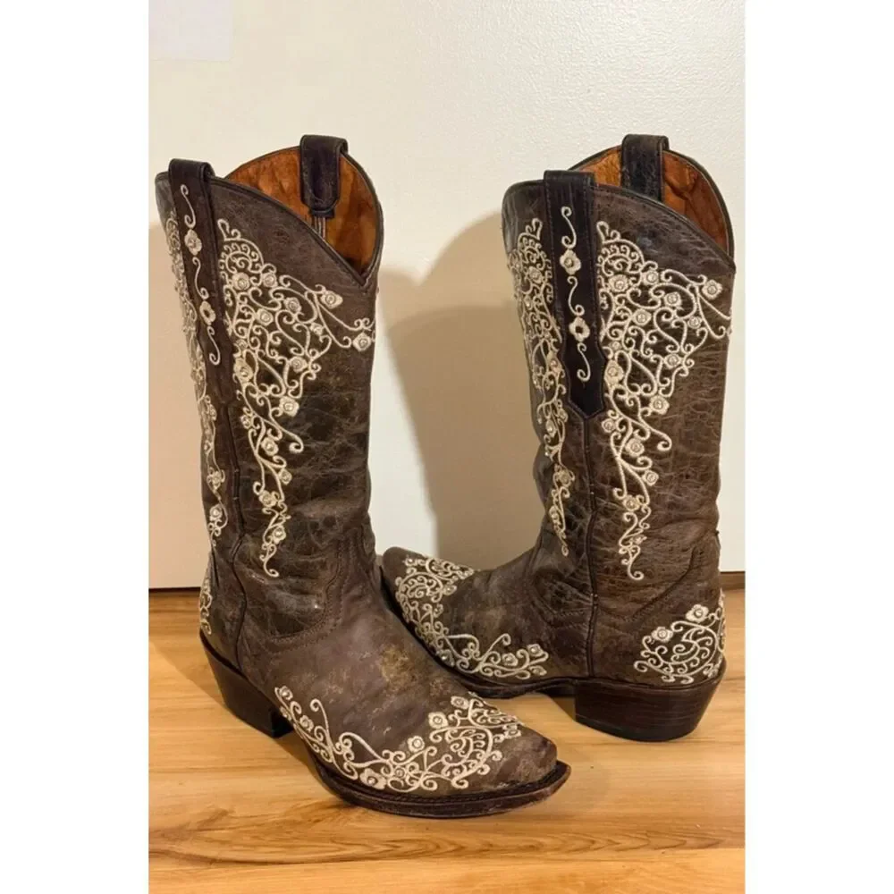 Corral Crater Distressed Brown Leather Bone Embroidered Western Boots Size 7