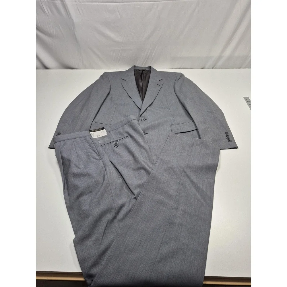 VTG Sansabelt Suit Mens 44 Gray Poly Wool 2 Piece 39x36 Elastic Waist USA NWT