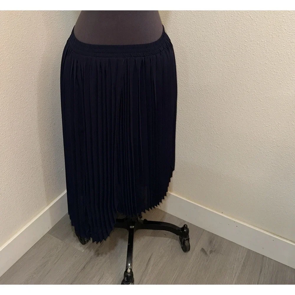 Pleione Asymmetrical Pleated Midi Skirt Black Sheer Overlay Size S Navy Pull‎ On