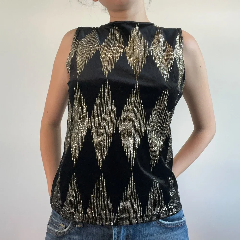 Vintage Fashion Bug Velvet Shimmer Diamond Pattern Top