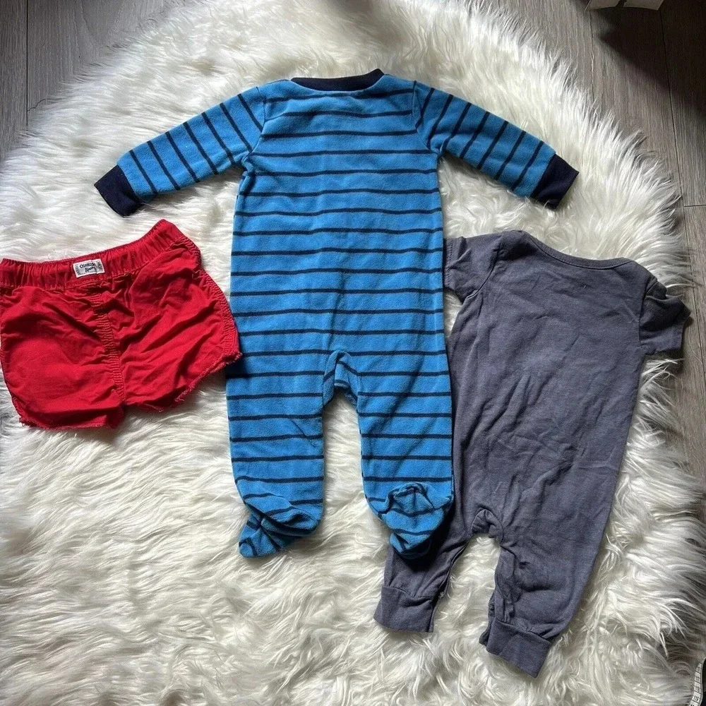 3‎ pc Carter’sFleece Pajamas|Oshkosh red shorts|Marvel romper sizes 3-6 months