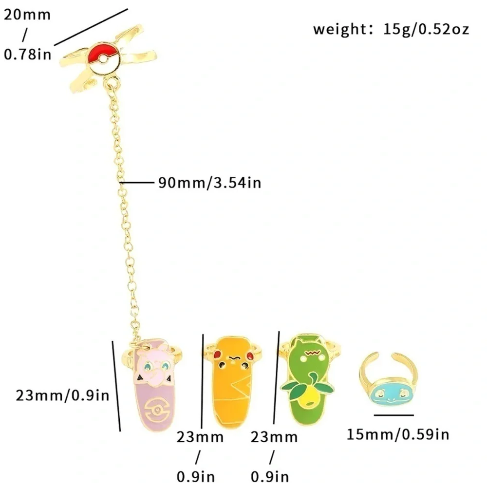 Gold Tone Pokemon Nail Rings Set Jiggly Puff, Squirtle, Pikachu, Smoliv Pokeball