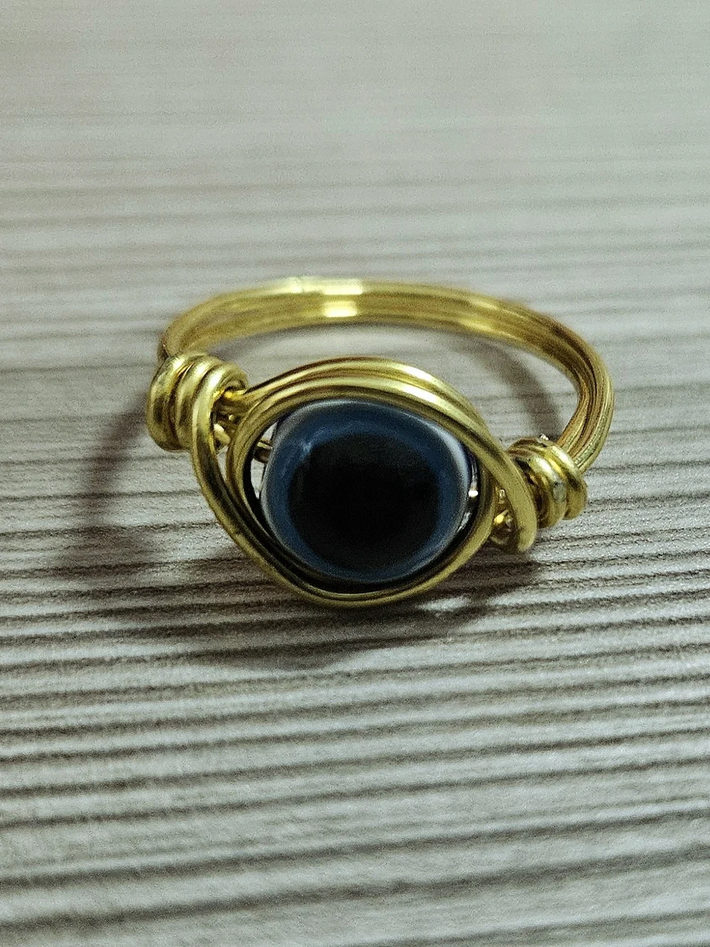 Handcrafted Gold Wire Ring with Dark Blue Evil Eye Stone Size 7