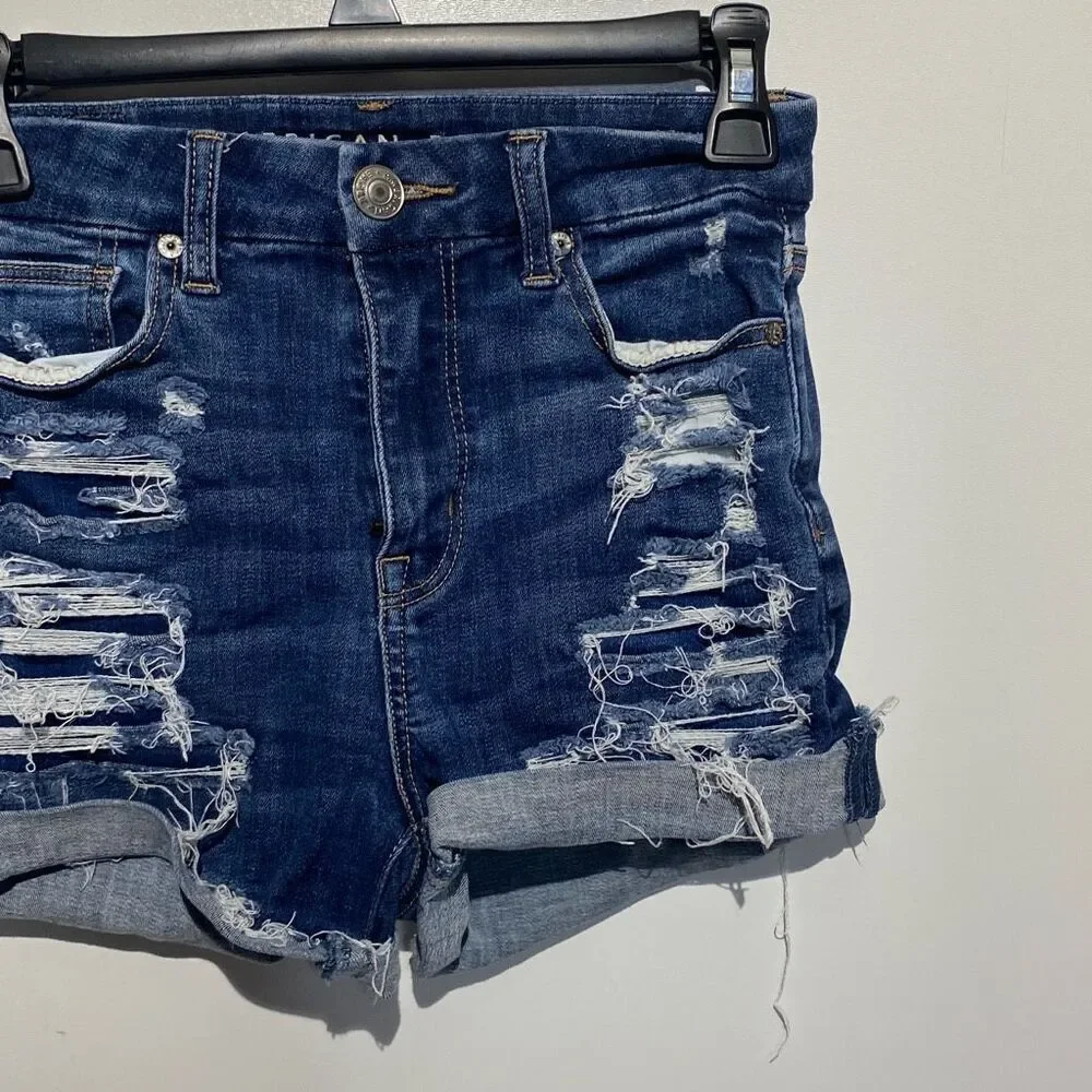 American Eagle Women's Dark Blue Curvy Hi-Rise Distressed Denim‎ Shorts Size 00