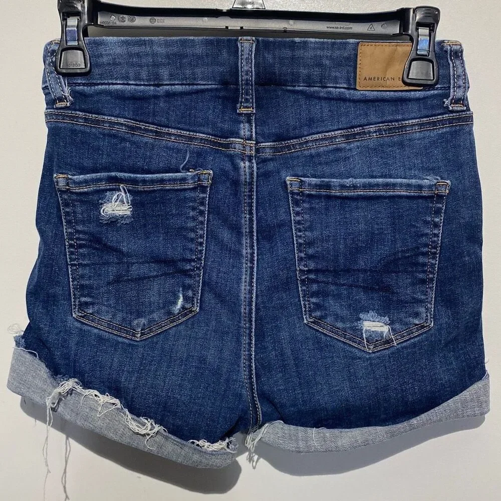 American Eagle Women's Dark Blue Curvy Hi-Rise Distressed Denim‎ Shorts Size 00