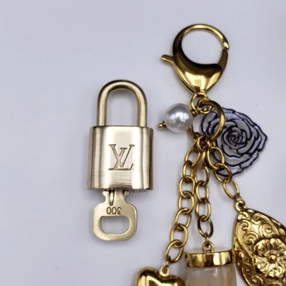 Authentic Louis Vuitton Luggage Nametag and Gold Padlock with Unbranded Keycharm