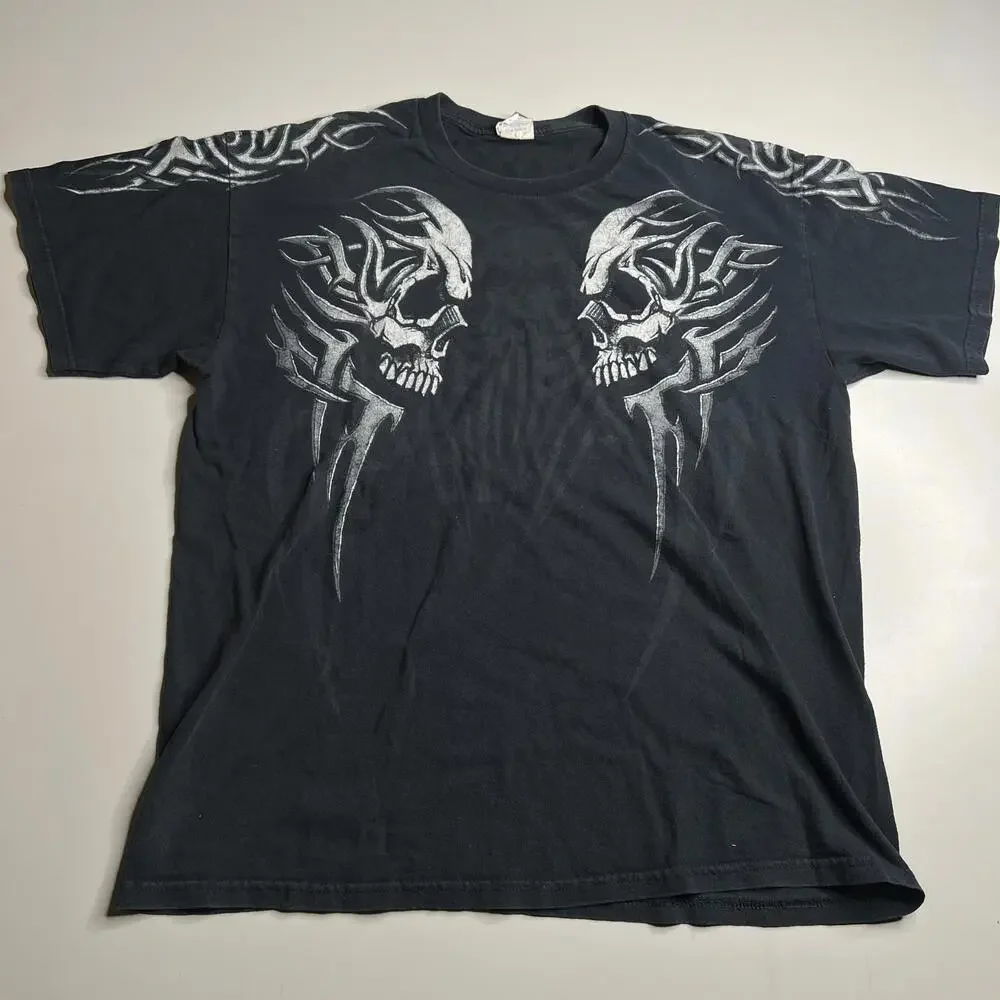 Vintage‎ y2k rap Skull Tribal Graphic T-Shirt Gildan Heavy Cotton Black Size L