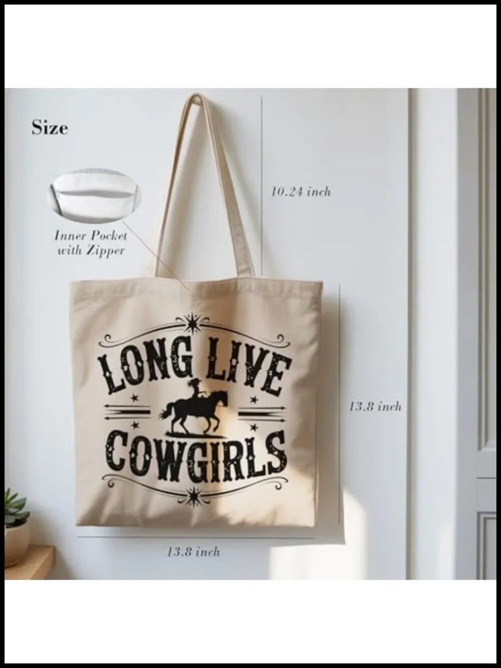 Canvas Cowgirl Tote Bag with Inner Pocket - Western Gift for Women