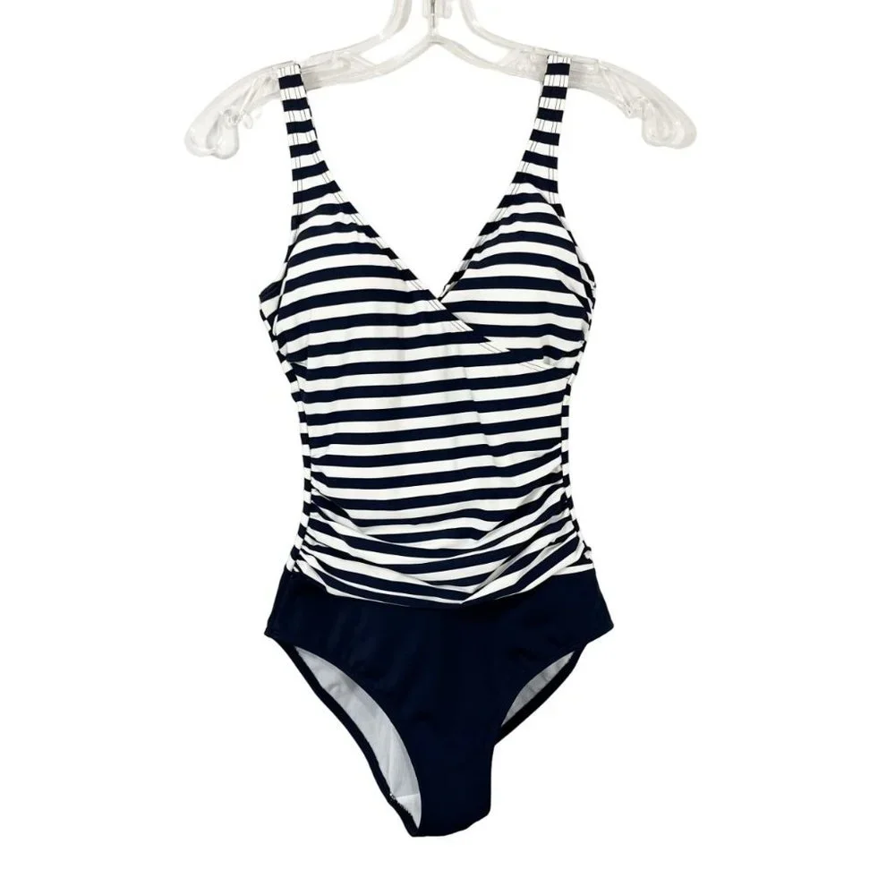 Boden‎ Navy Blue & White Striped Wrap Front One Piece Swimsuit Nautical - Size 4