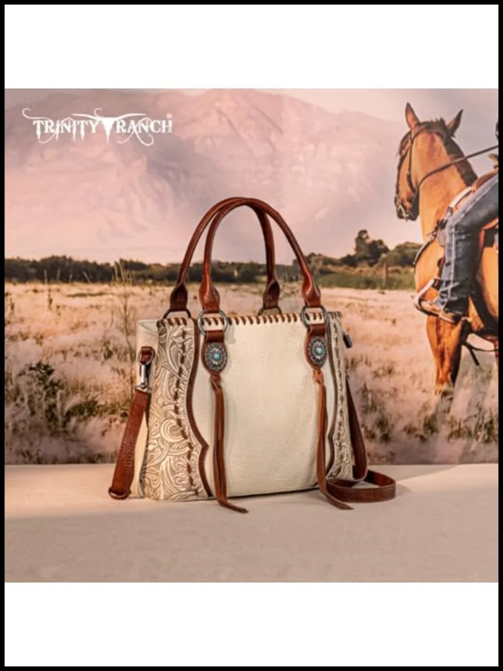 Vintage Tooled Floral Concho Tote Bag with Whipstitch Detail