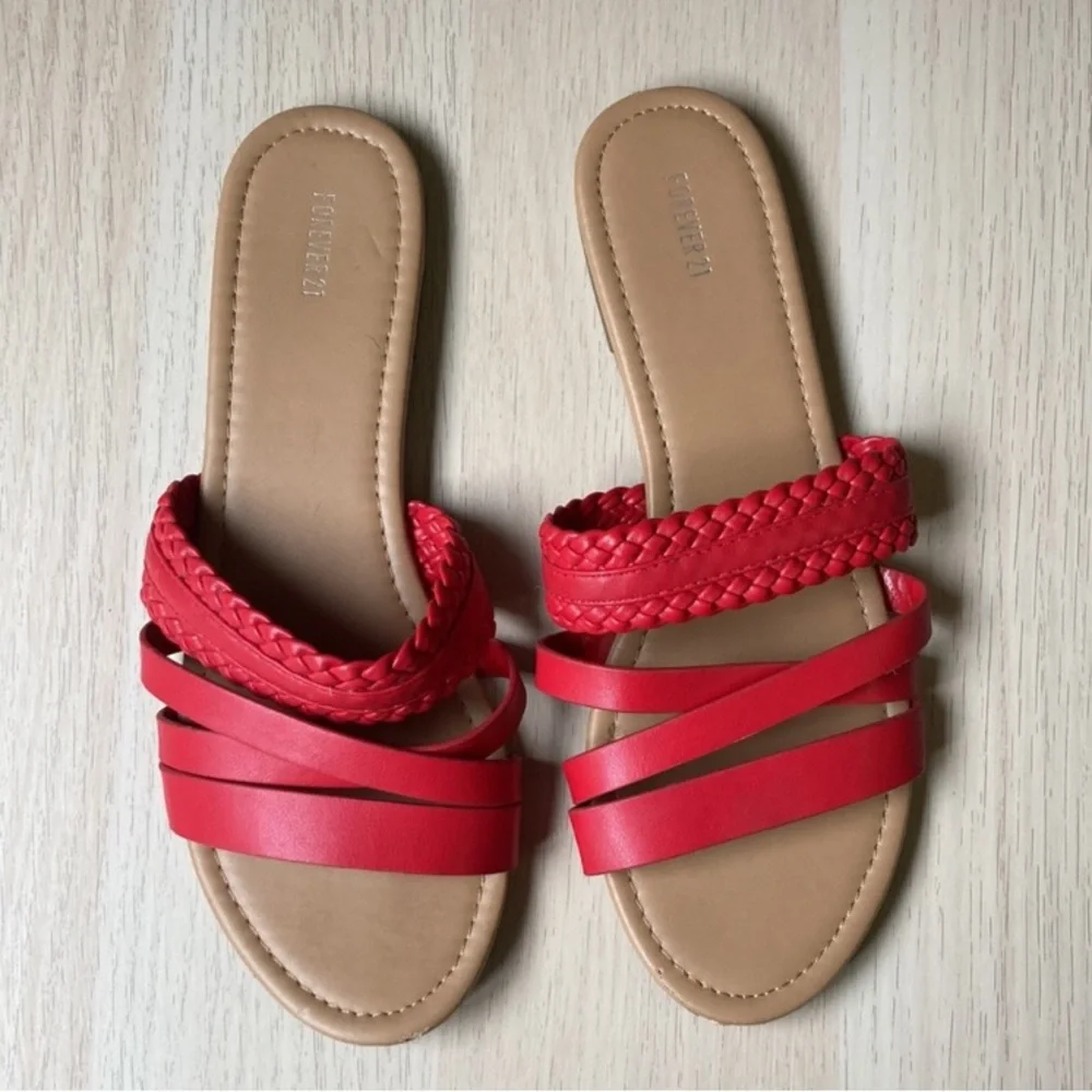 Forever 21 Women's Red Braided Slide Sandals, Size 7.5, 7 1/2 Slip on summer