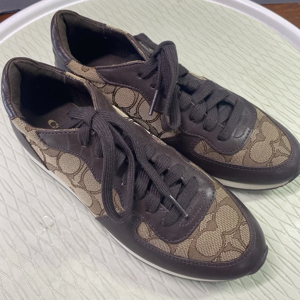 COACH‎ Farah Womens Casual Leather Shoes Nappa Sig C brown Khaki US Sz.6B EUC