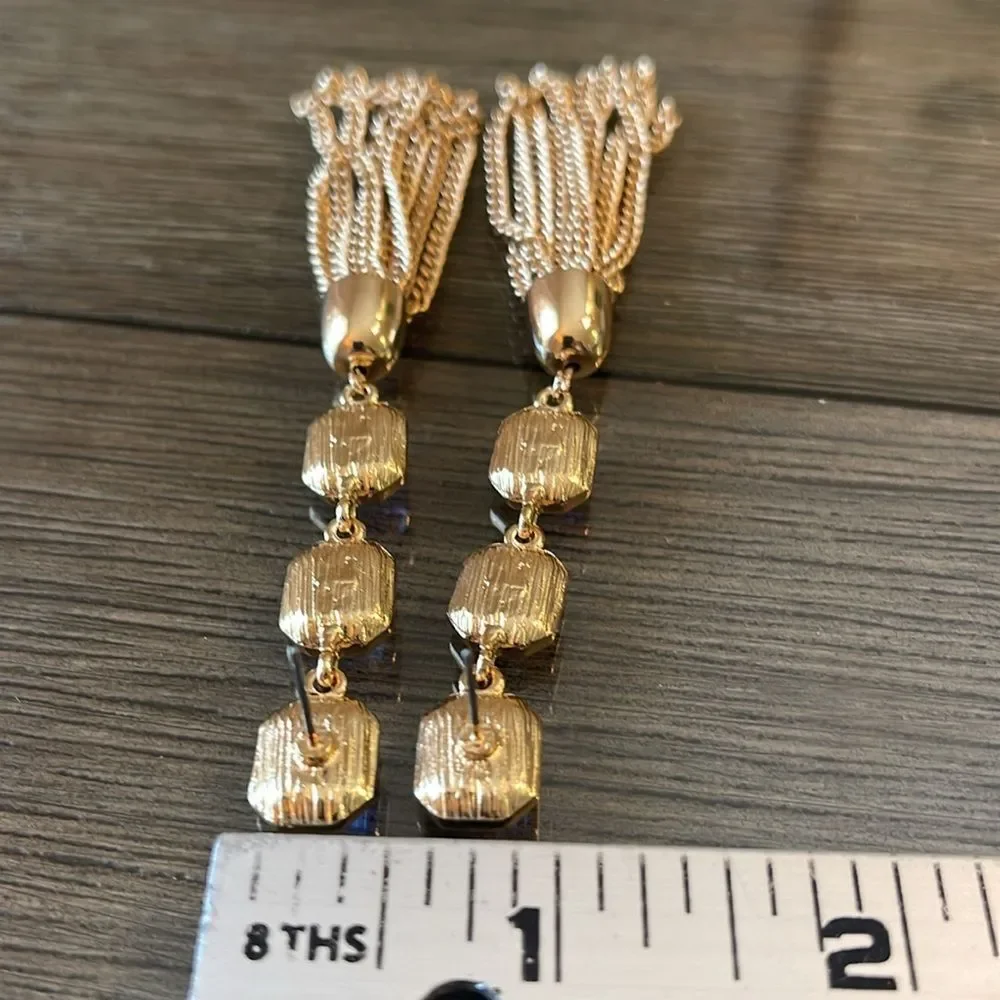 Long Dangling Pink & Purple Gold-tone Tassel Earrings
