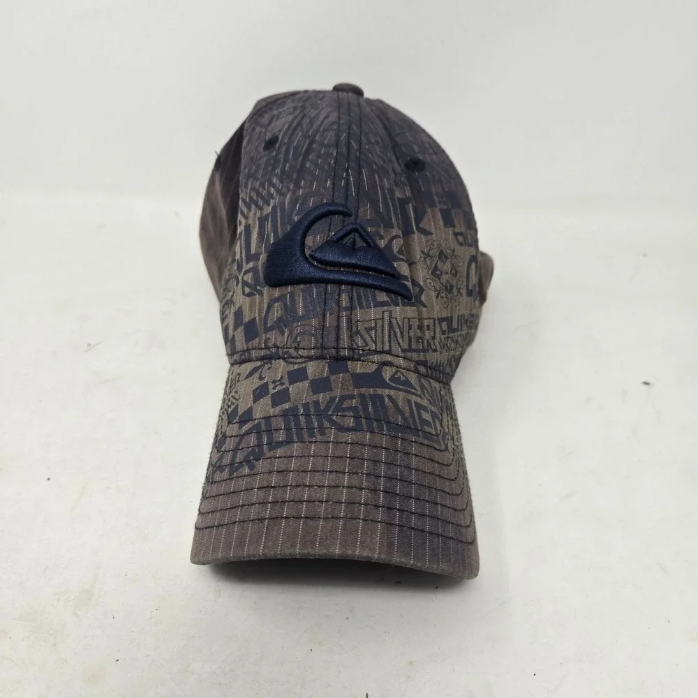 Quiksilver‎ Flexfit Hat Mens Faded Black Grey Pinstripe Logo Print Baseball Cap