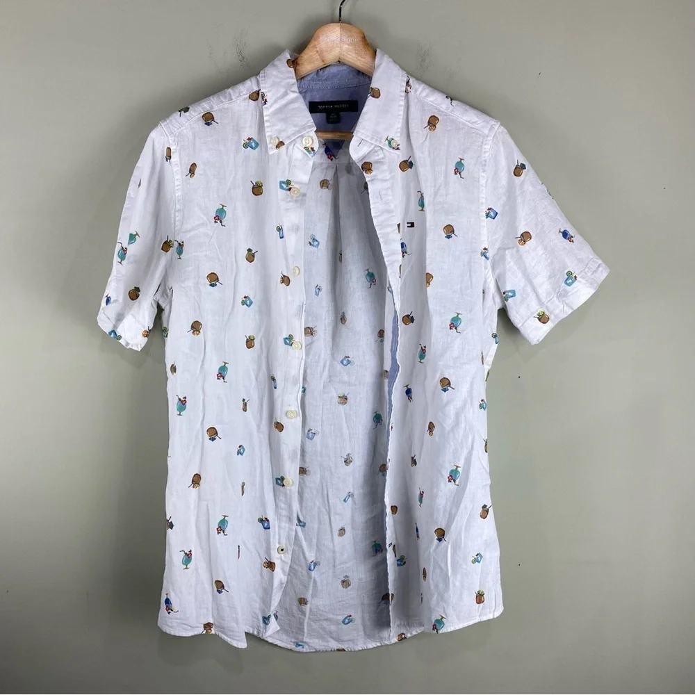 Tommy Hilfiger: Novelty Drink Beach Print Casual Button Up Down‎ Tee T-Shirt Top
