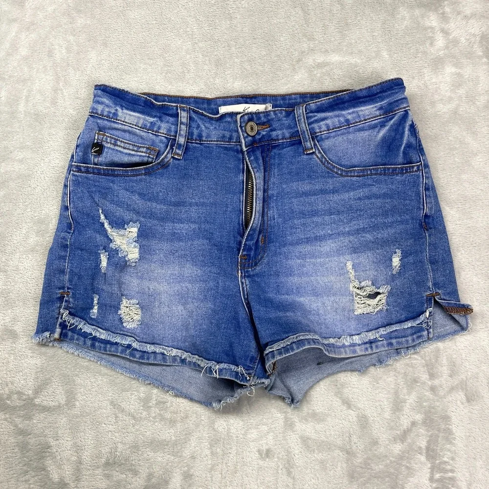 KanCan‎ Jean Shorts Womens 9/28 Blue Distressed Flat Front Stretch Frayed Hem