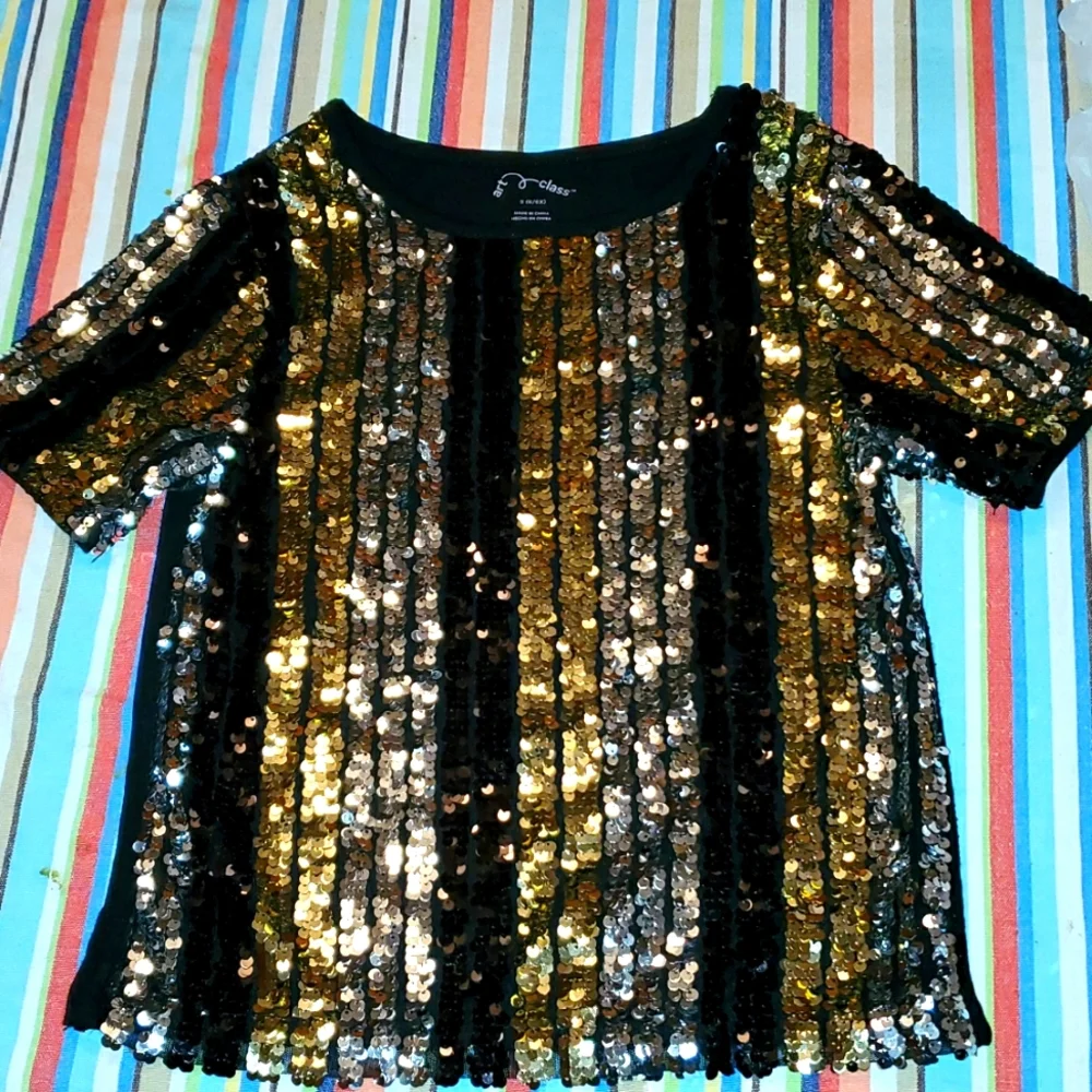 Art Class Top Blouse Size S 6/6x sequins gold silver black