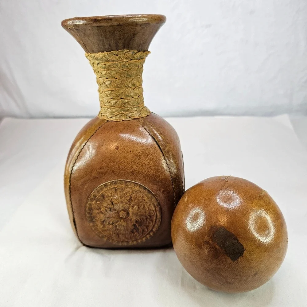 Vintage Brown Leather Decanter Bottle w/ Ball Stopper Rustic Neck Made in‎ Italy