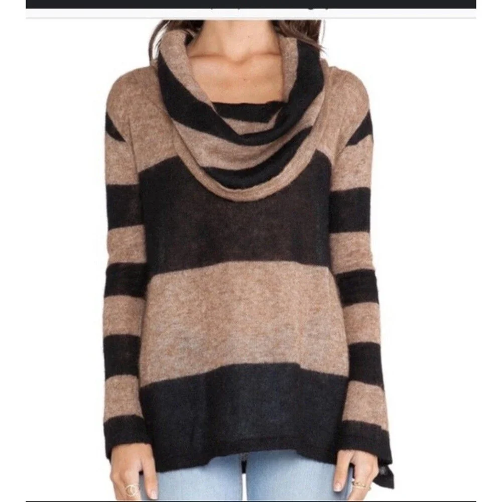 FREE PEOPLE Small LULU‎ ALPACA BLEND COWL NECK Tan Black Stripe SWEATER