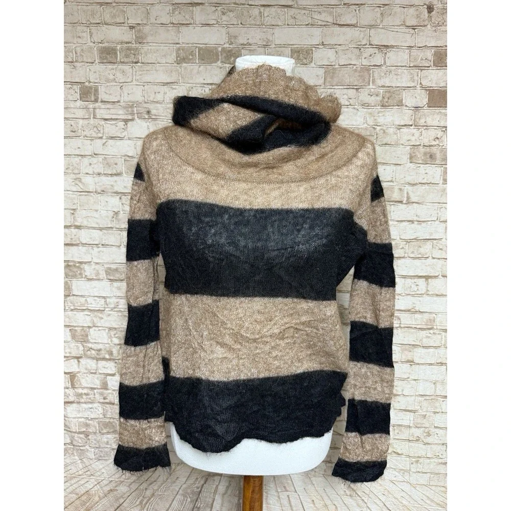 FREE PEOPLE Small LULU‎ ALPACA BLEND COWL NECK Tan Black Stripe SWEATER