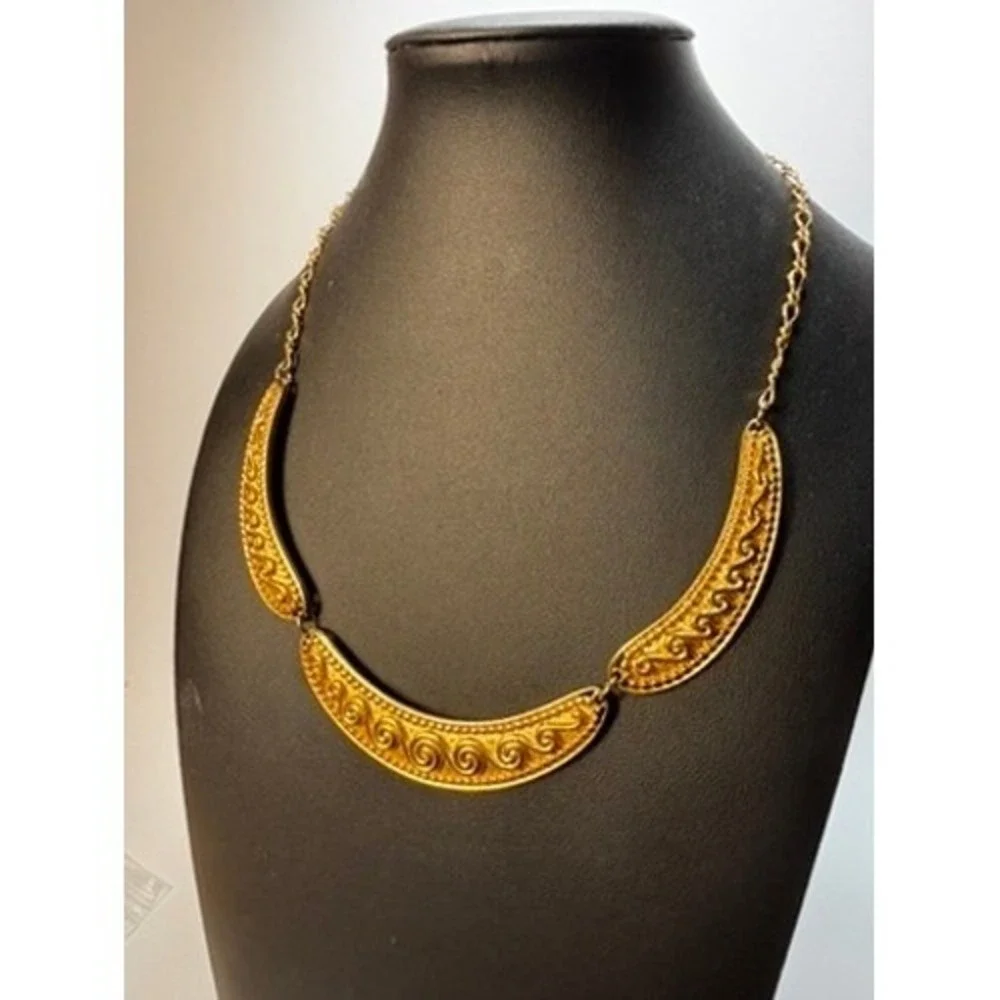 Vintage Gold Bib‎ Necklace Scrollwork Statement Jewelry Greek Revival