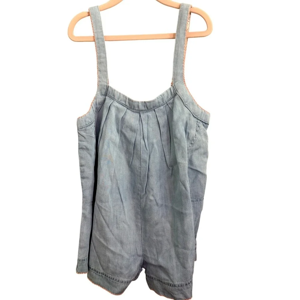 Matilda Jane Denim Chambray Play Romper Overalls Floral Trim‎ Pockets Size 6