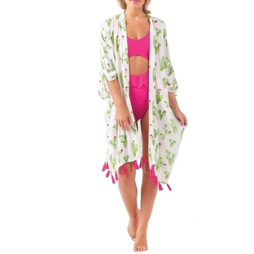 Mud Pie Caitlin Tassel Kimono Cactus Lime Green Pink Beach Cover Up