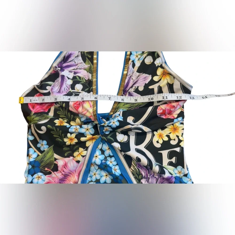 Agua Bendita NWT Billy Dreamin One-Piece Swimsuit Blue Floral‎ Beaded Sz Large