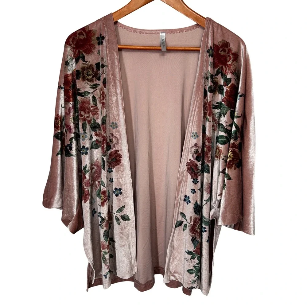 Acting Pro Pink Velour Floral Print Open‎ Front Jacket Women's Size Large