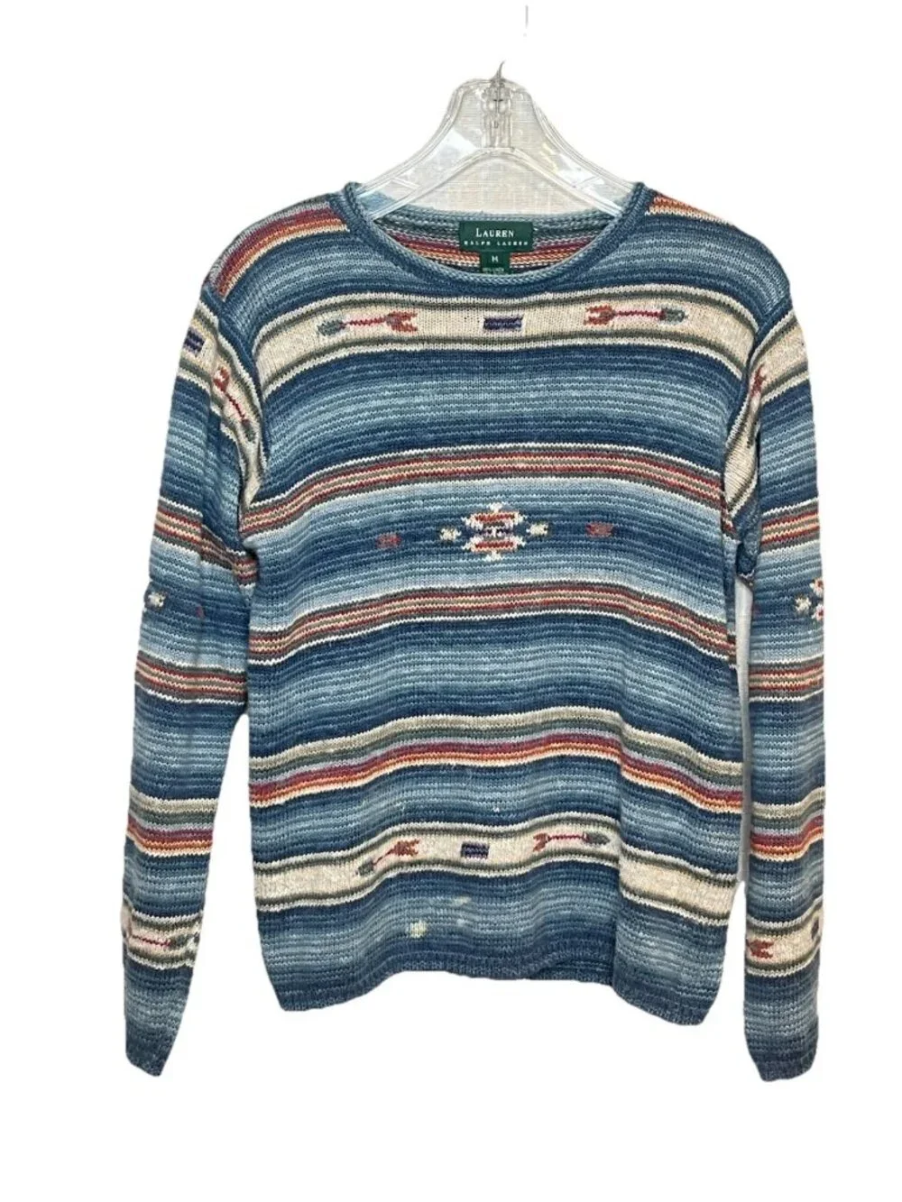 Lauren Ralph Lauren Southwestern Stripe Knit Roll Neck Sweater Linen Cotton Med