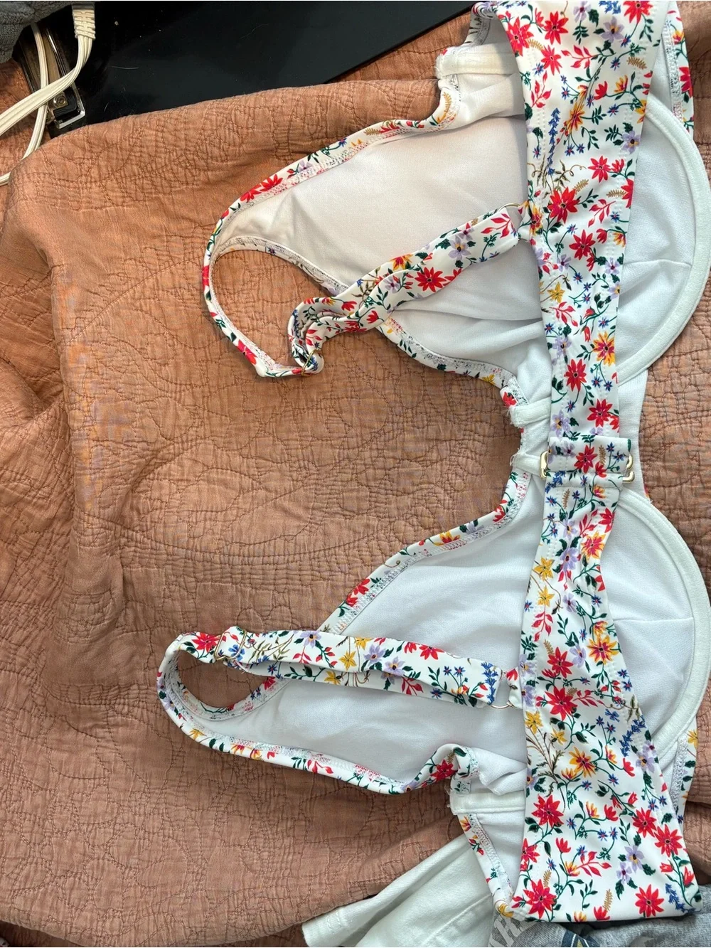 Time and Tru White Floral Bikini Top with Red, Yellow and Blue Flowers