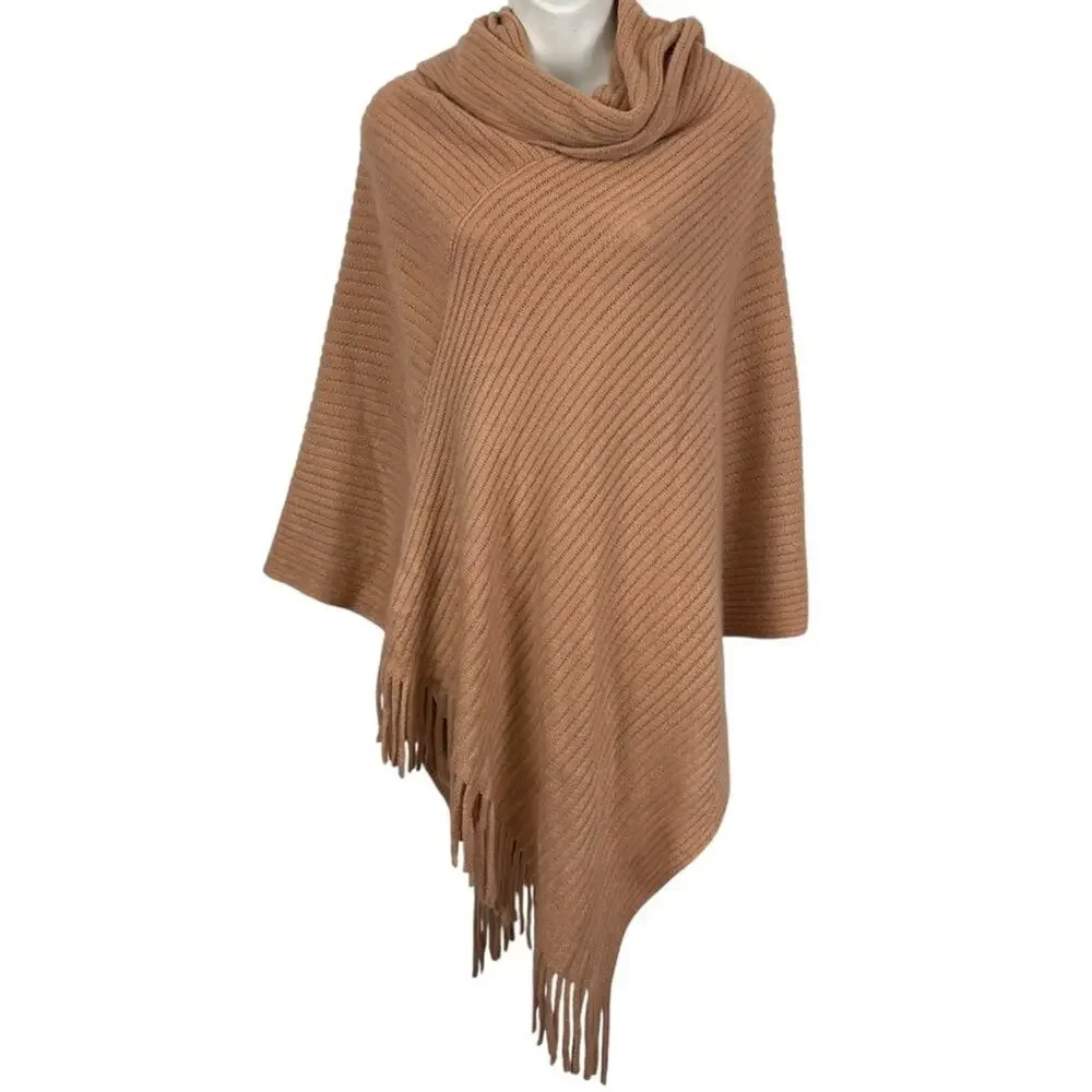 Chicos Ribbed Asymmetrical Fringe Cowl Neck Poncho Pullover Sweater sz O / S