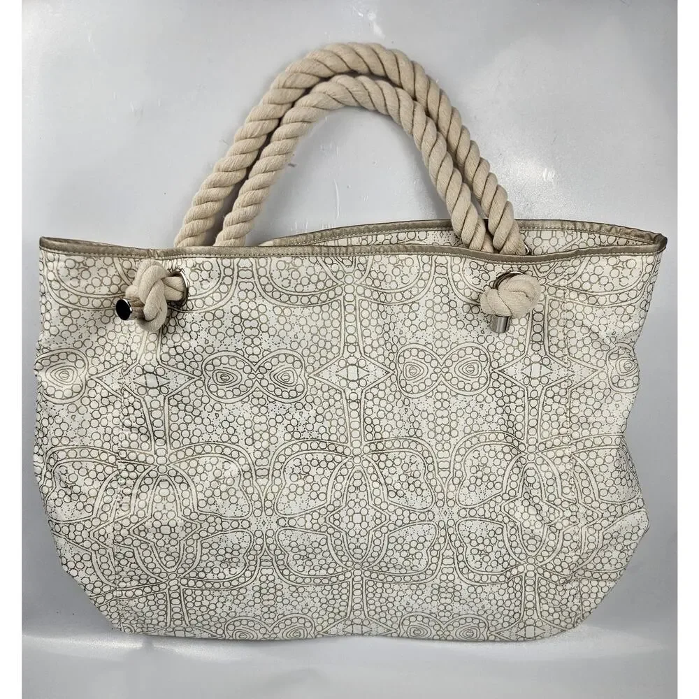 Donna Dixon Large Rope Handle‎ Off-White & Gold Canvas Tote Bag